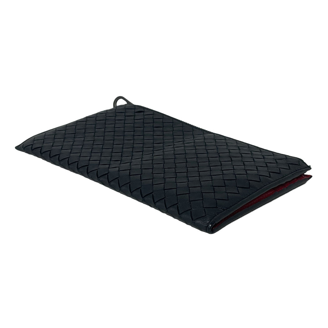 BOTTEGA VENETA ボッテガヴェネタ イントレチャート ファスナーポーチ レザー ブラック 黒/赤 クラッチバッグ 中古