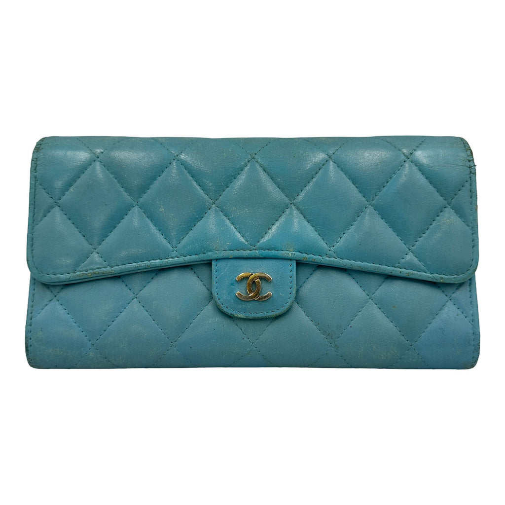 CHANEL シャネル マトラッセ 二つ折り長財布 ブルー ラムスキン レイーディス 中古