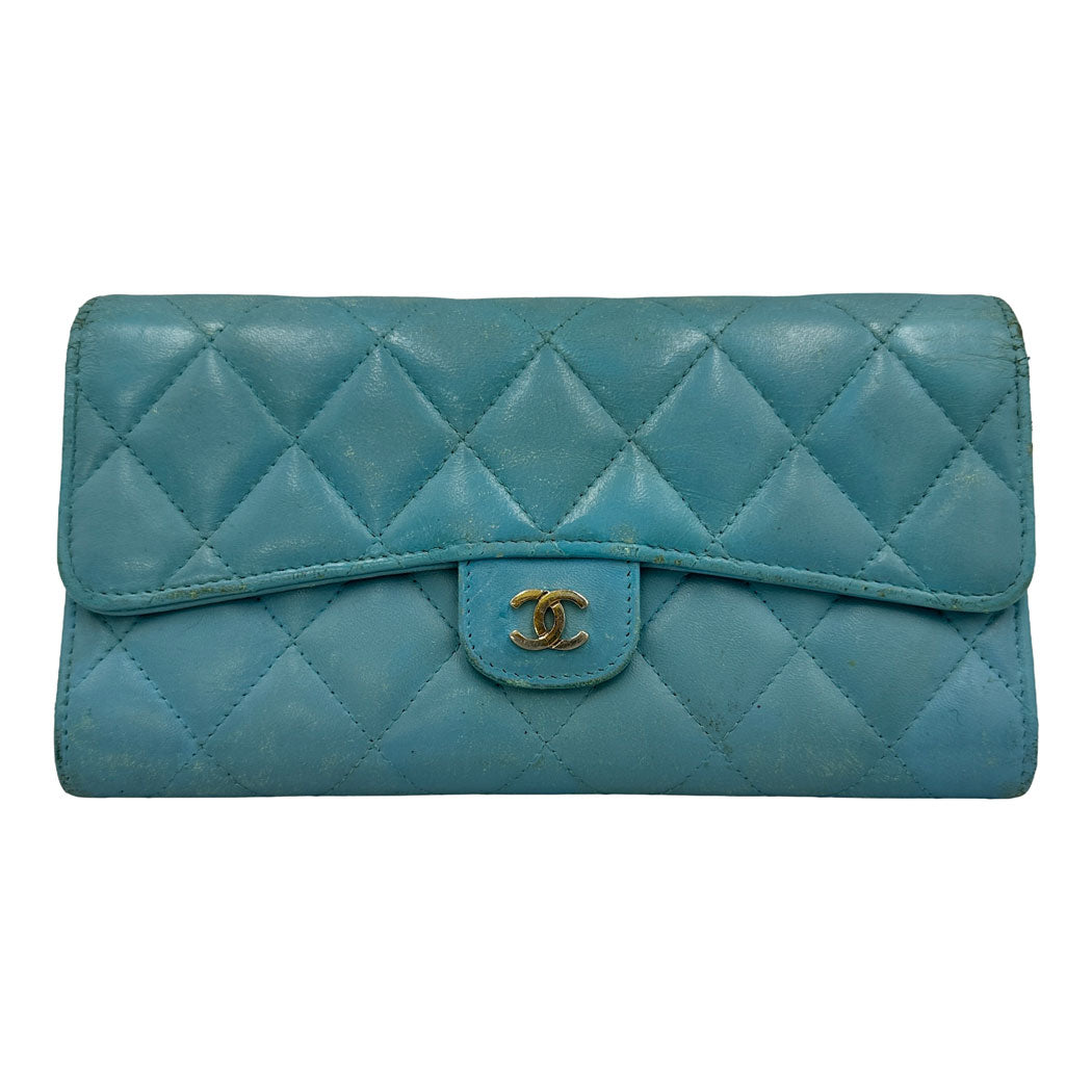 CHANEL シャネル マトラッセ 二つ折り長財布 ブルー ラムスキン レイーディス 中古