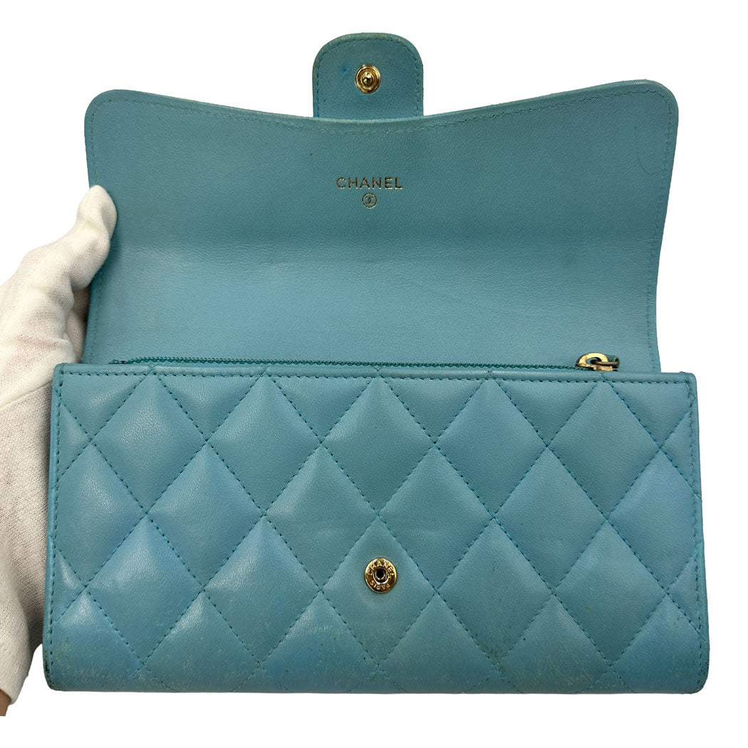 CHANEL シャネル マトラッセ 二つ折り長財布 ブルー ラムスキン レイーディス 中古