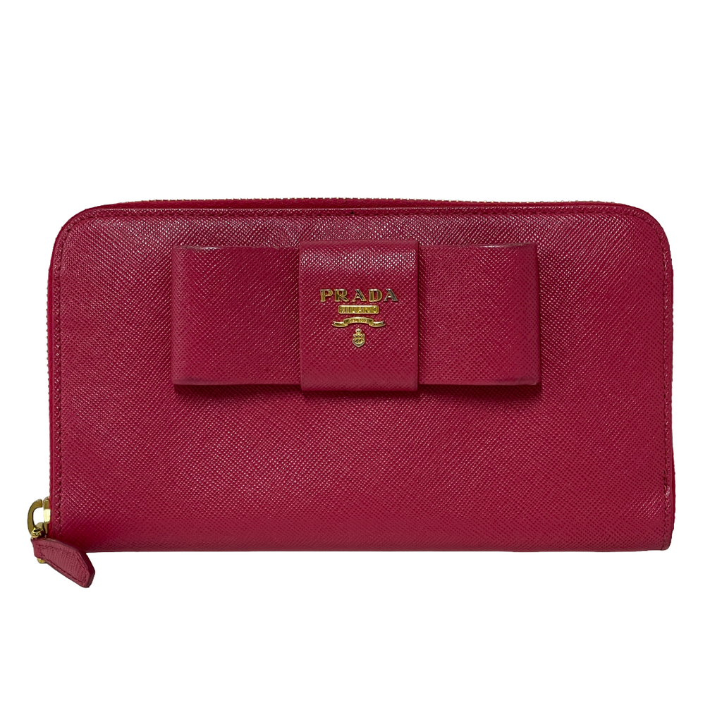 PRADA プラダ リボンモチーフ サフィアーノ ラウンドファスナー長財布 ピンク レイーディス 中古