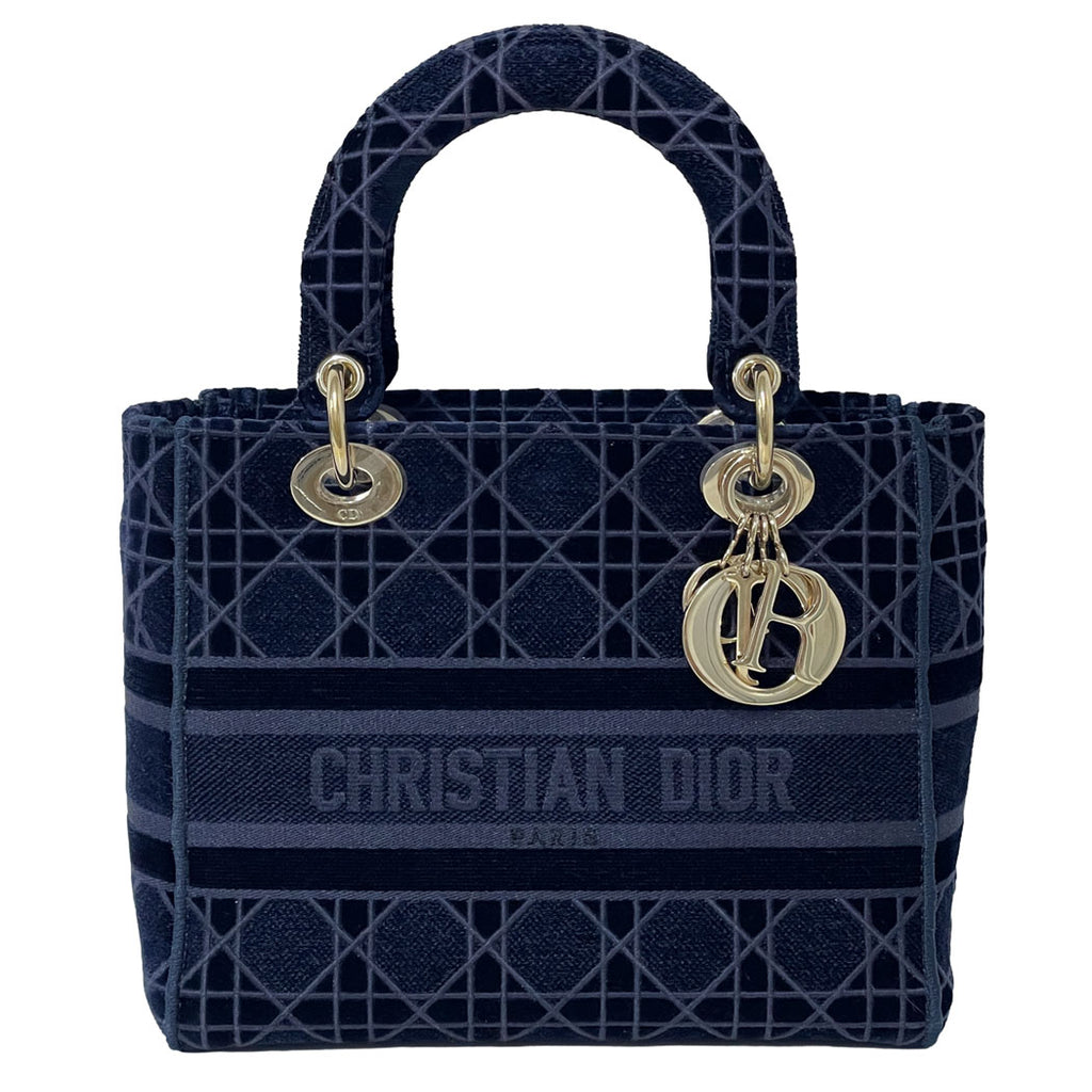 DIOR ディオール レディ ディーライト ミディアム カナージュ ベルベット ネイビー ハンドバッグ トートバッグ レディース 中古