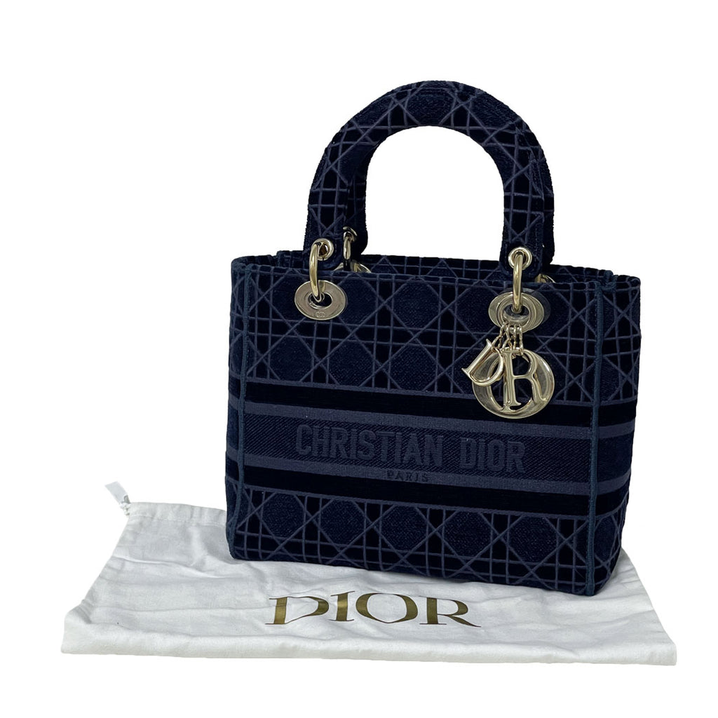 DIOR ディオール レディ ディーライト ミディアム カナージュ ベルベット ネイビー ハンドバッグ トートバッグ レディース 中古