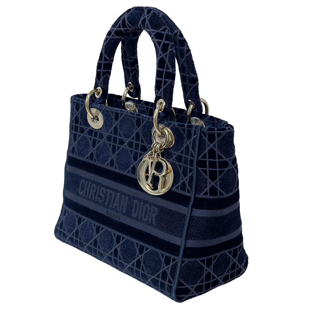 DIOR ディオール レディ ディーライト ミディアム カナージュ ベルベット ネイビー ハンドバッグ トートバッグ レディース 中古