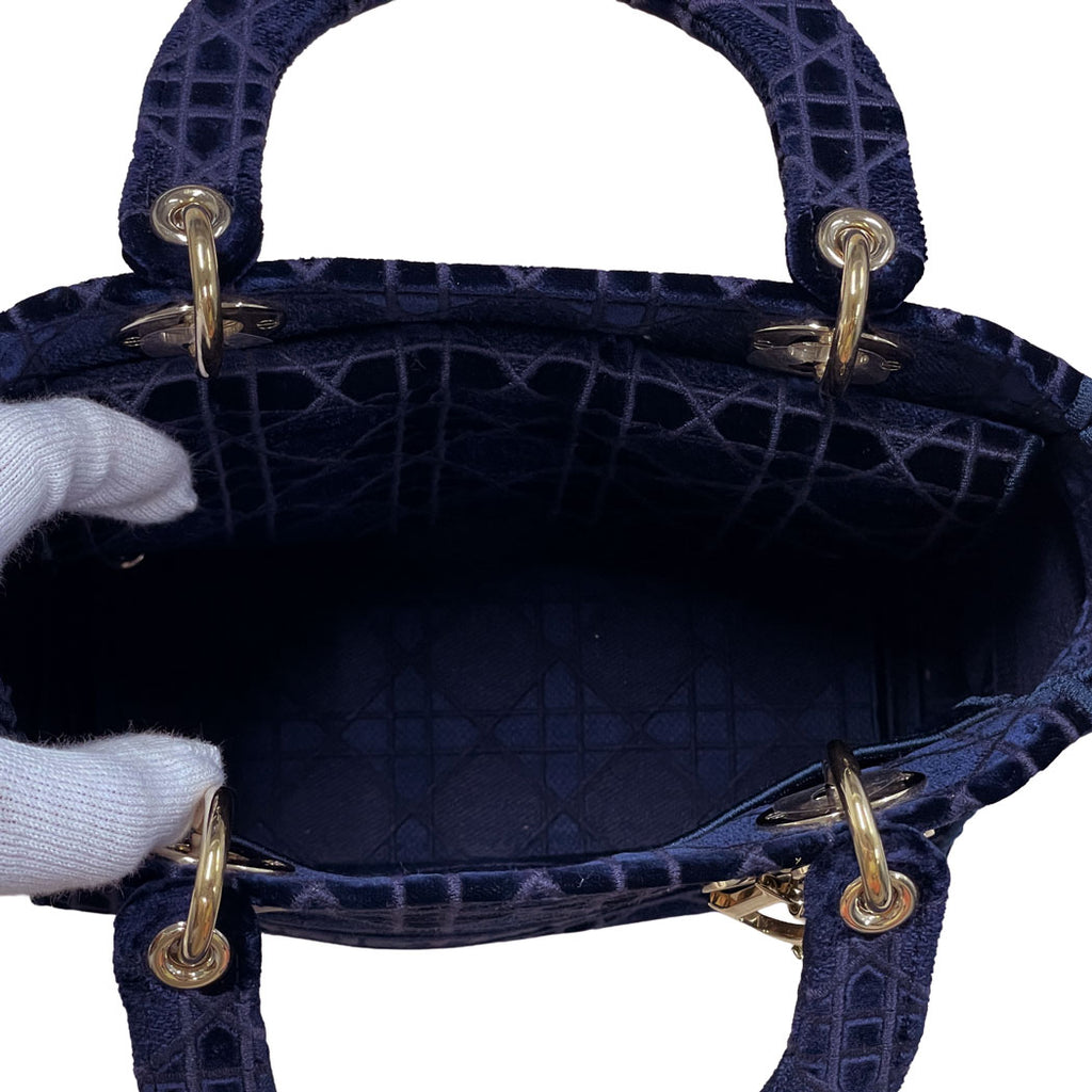 DIOR ディオール レディ ディーライト ミディアム カナージュ ベルベット ネイビー ハンドバッグ トートバッグ レディース 中古