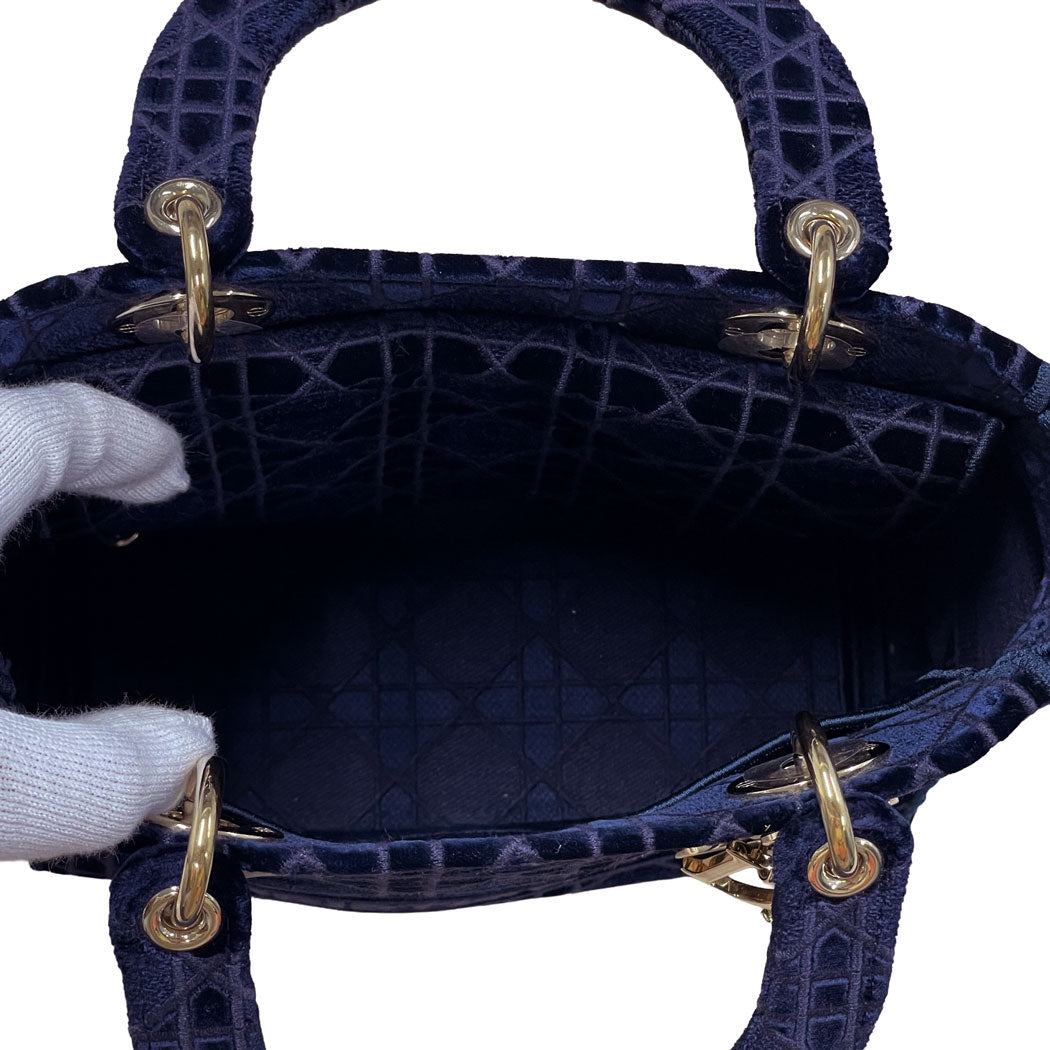 DIOR ディオール レディ ディーライト ミディアム カナージュ ベルベット ネイビー ハンドバッグ トートバッグ レディース 中古