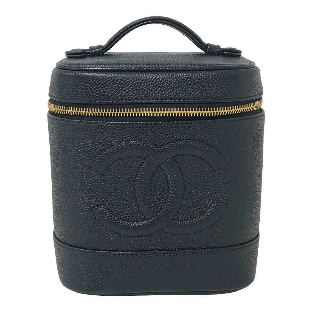 CHANEL シャネル ココマーク キャビアスキン 縦型 バニティバッグ ハンドバッグ 化粧ポーチ ブラック ゴールド金具 レディース 中古