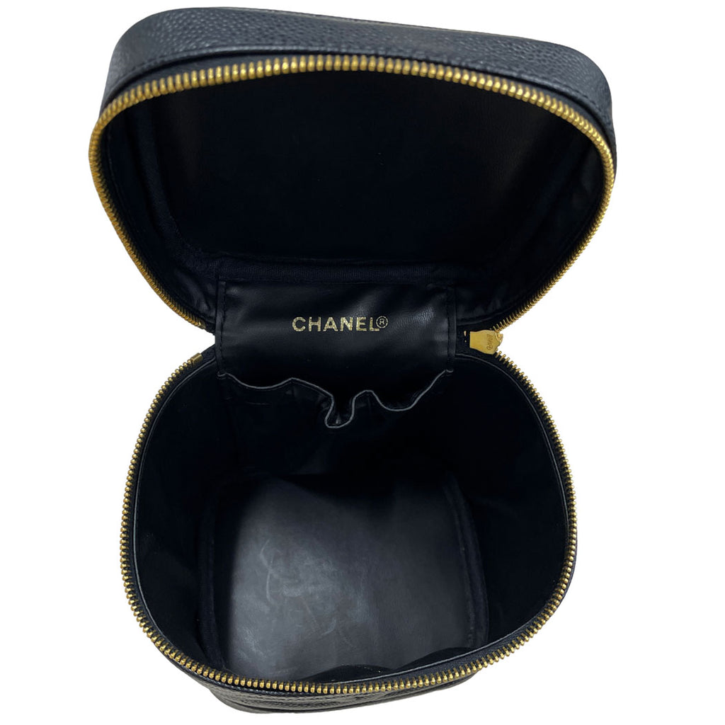 CHANEL シャネル ココマーク キャビアスキン 縦型 バニティバッグ ハンドバッグ 化粧ポーチ ブラック ゴールド金具 レディース 中古