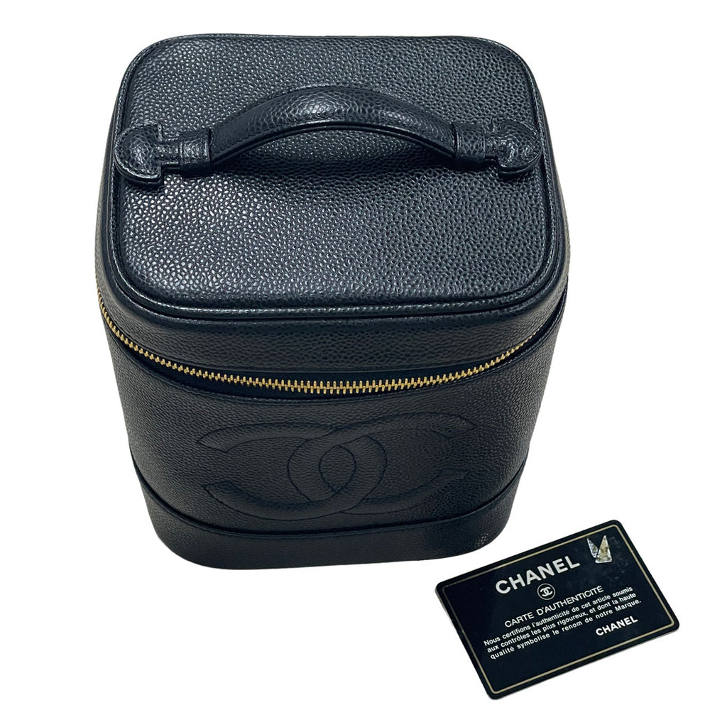 CHANEL シャネル ココマーク キャビアスキン 縦型 バニティバッグ ハンドバッグ 化粧ポーチ ブラック ゴールド金具 レディース 中古