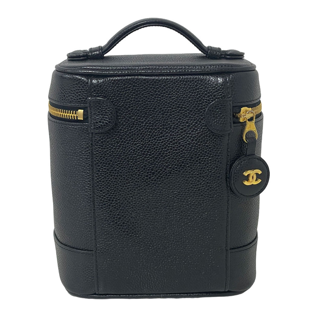 CHANEL シャネル ココマーク キャビアスキン 縦型 バニティバッグ ハンドバッグ 化粧ポーチ ブラック ゴールド金具 レディース 中古
