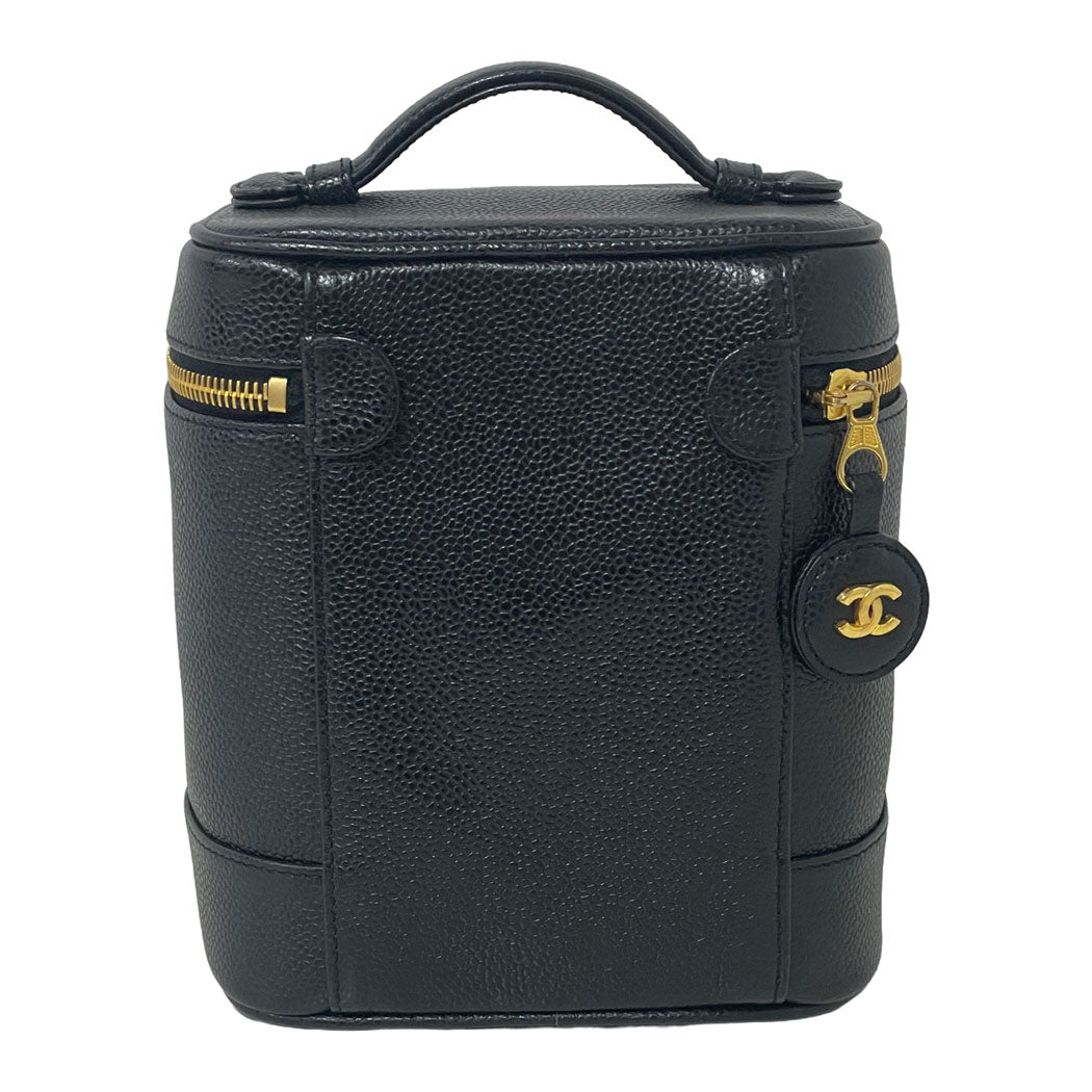 CHANEL シャネル ココマーク キャビアスキン 縦型 バニティバッグ ハンドバッグ 化粧ポーチ ブラック ゴールド金具 レディース 中古