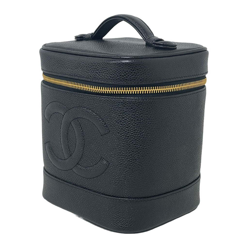 CHANEL シャネル ココマーク キャビアスキン 縦型 バニティバッグ ハンドバッグ 化粧ポーチ ブラック ゴールド金具 レディース 中古